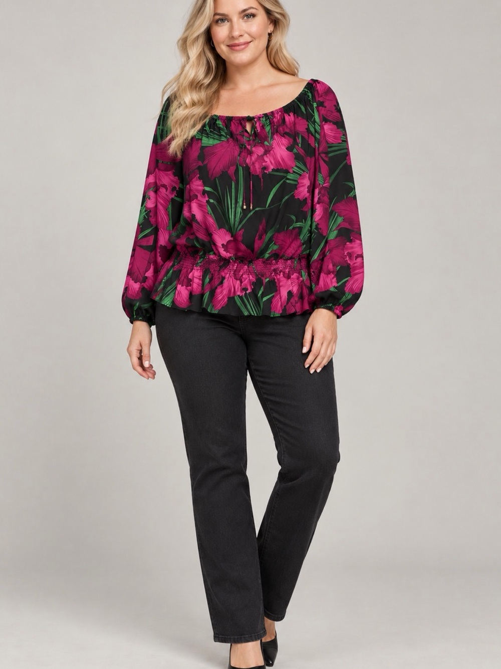 MICHAEL Michael Kors Black Blouse with Fuchsia Floral Print